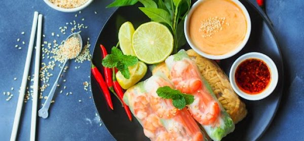 Fresh summer rolls with shrimp and vetgetables,Vietnamese food for healthy food concept.